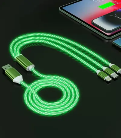 3-in-1 LED charging cable emitting soft light while charging multiple devices. - Obeepo.in
