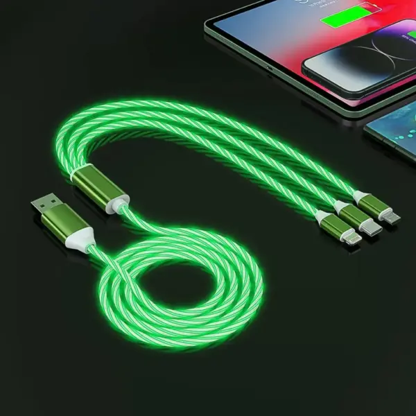 3-in-1 LED charging cable emitting soft light while charging multiple devices. - Obeepo.in