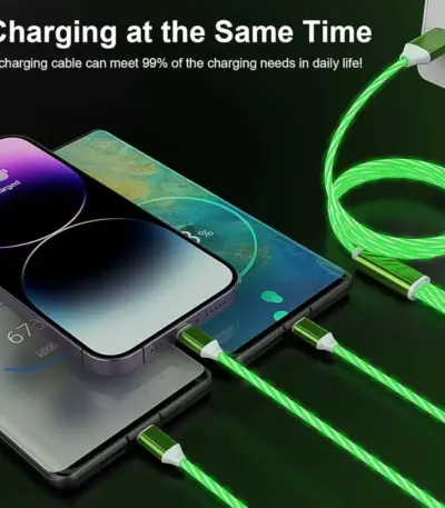 3-in-1 LED charging cable emitting soft light while charging multiple devices. - Obeepo.in