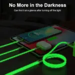 3-in-1 LED charging cable emitting soft light while charging multiple devices. - Obeepo.in