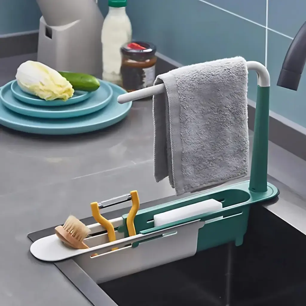 Telescopic 2-in-1 Kitchen Sink Storage Rack Holder for organized cleaning supplies - obeepo.in